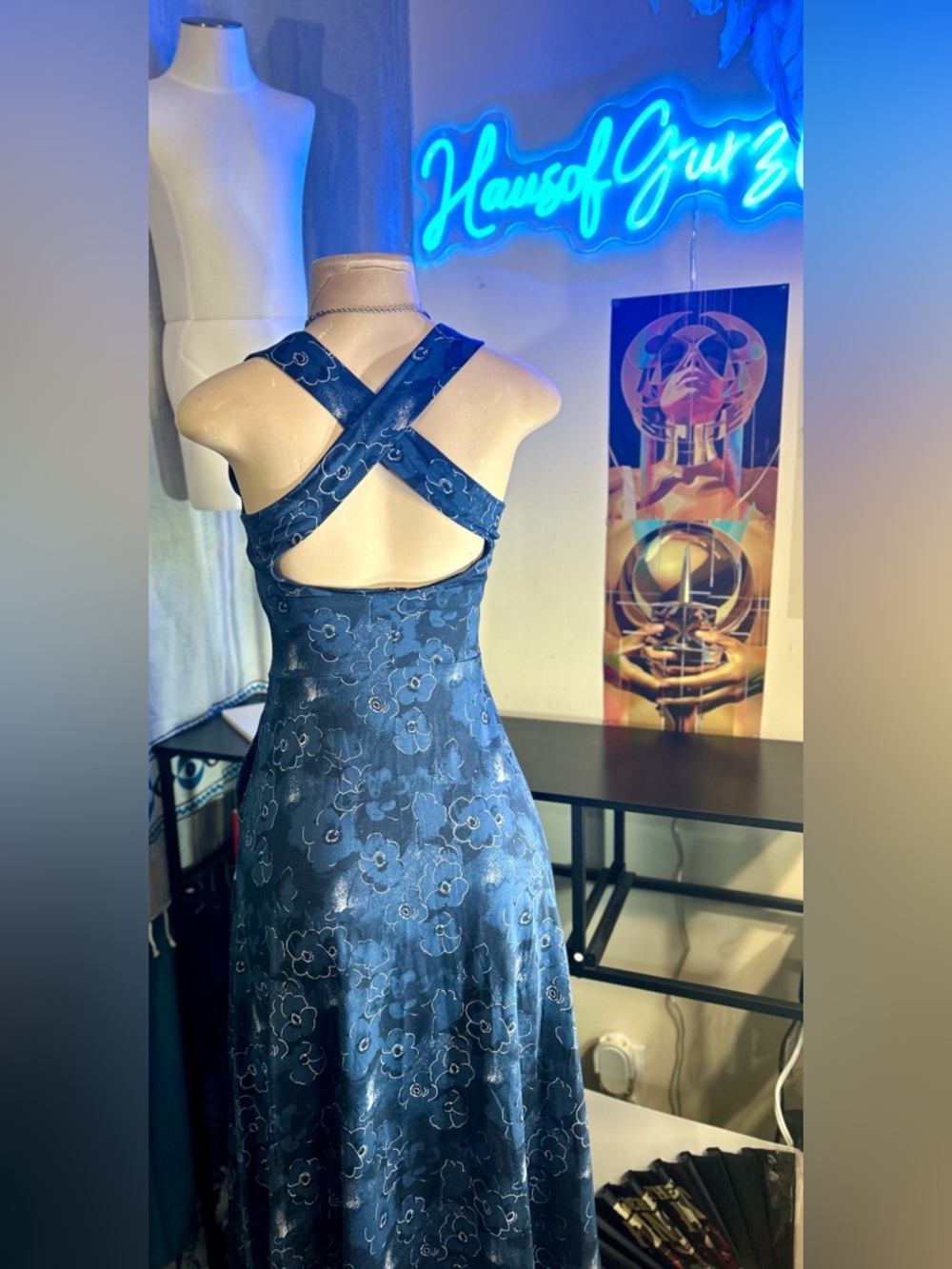 Pact Navy Blue Floral Scoop-Neck, Backless Open Strap Maxi Dress w Side Pockets